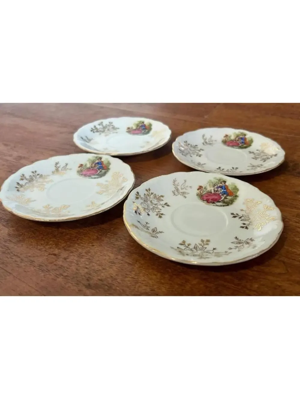 Set of 4 Vintage Porcelain Saucer Plates with Gold Detailing and Romantic Scene